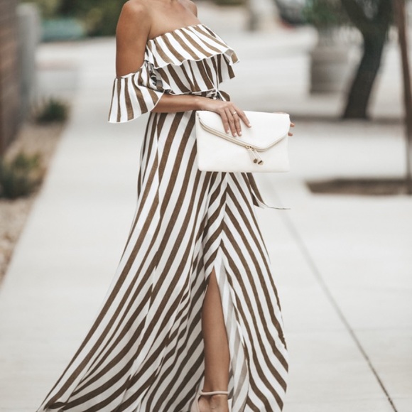 striped off the shoulder maxi dress